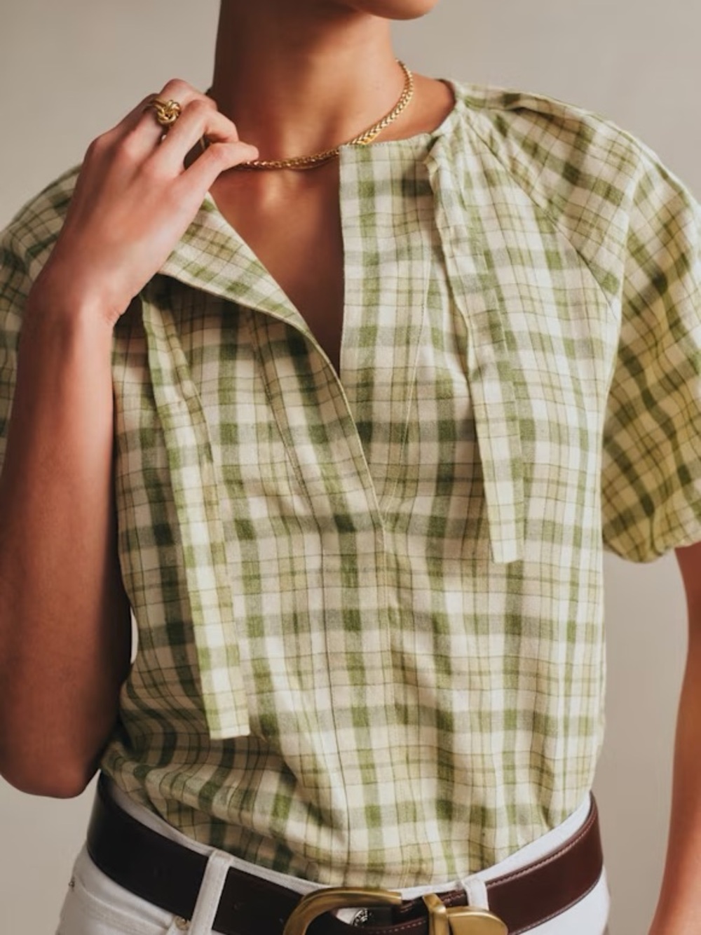 Sezane Florica Linen Plaid Short-Sleeve Split-Neck bow tie Top